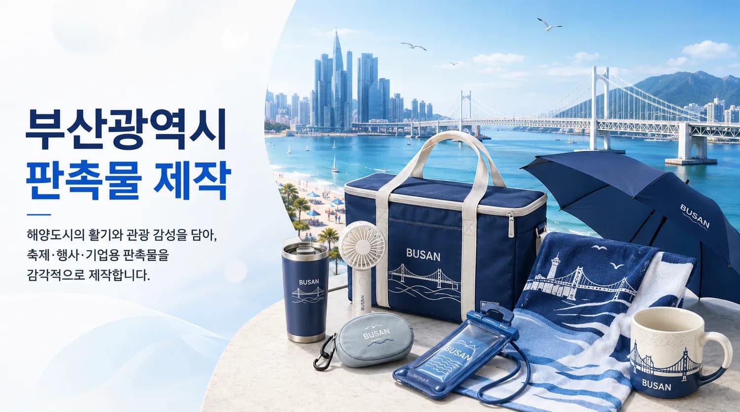 부산 해안 도시 전경과 로고를 새긴 텀블러·보틀 등 행사 판촉물 구성