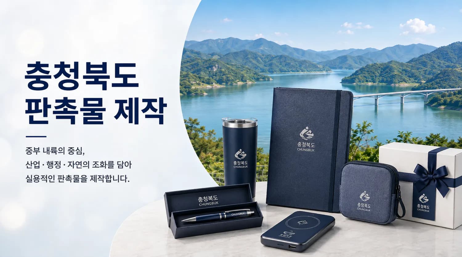 충북 호수 전경과 로고를 새긴 필기구 세트 등 기업·기관 판촉물 구성