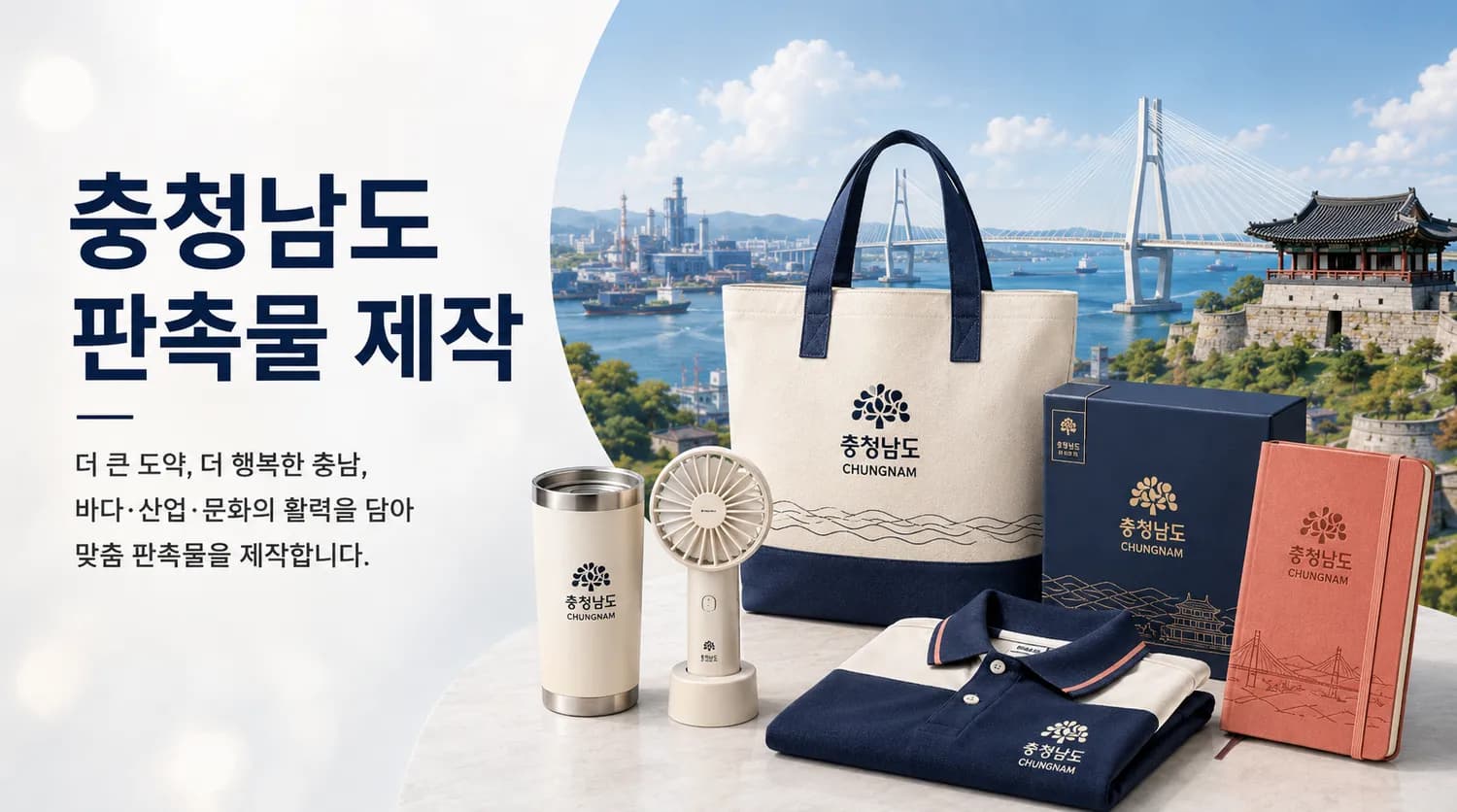 충남 해안·산업 전경과 로고를 새긴 텀블러·미니 선풍기 등 맞춤 판촉물