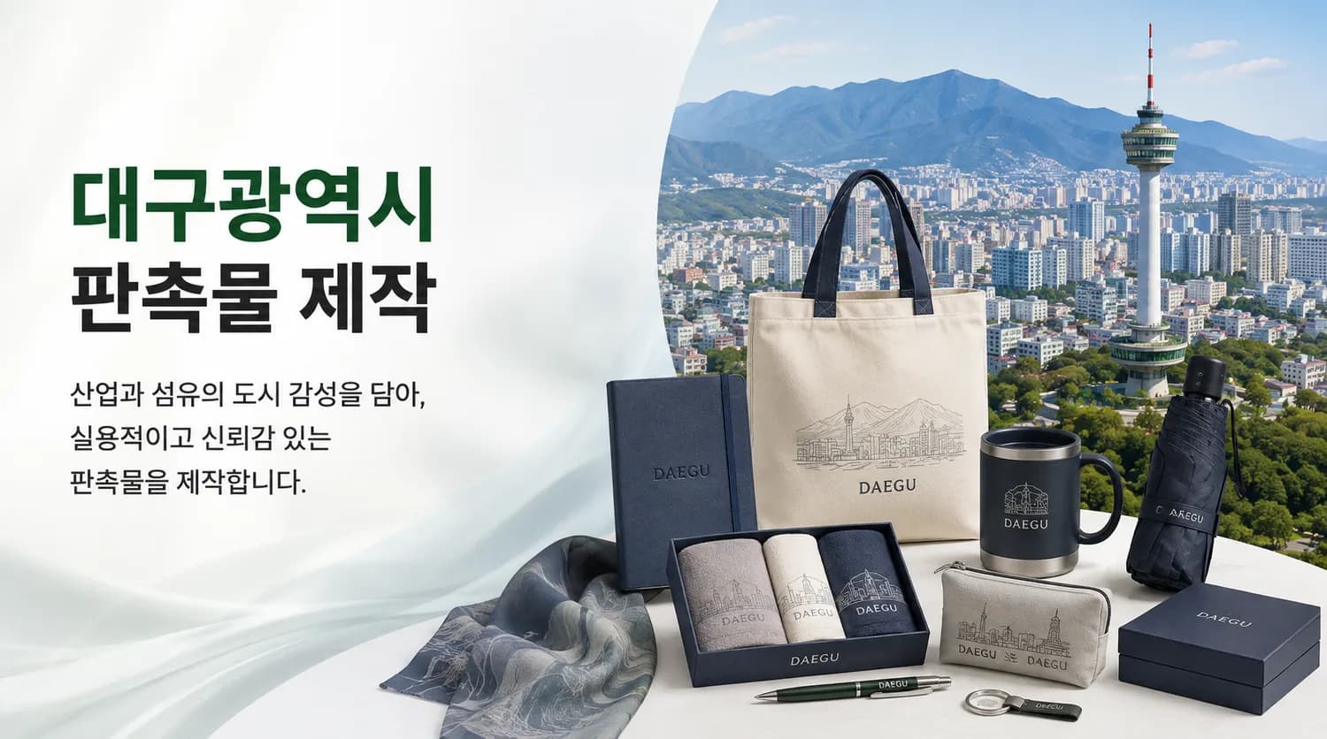 대구 시내와 83타워 전경, 로고를 새긴 에코백·타올·노트 등 판촉물 구성