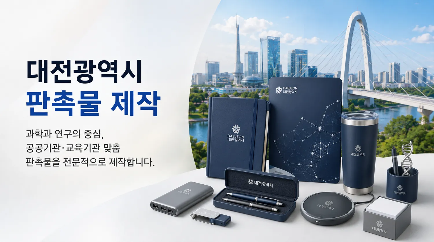 대전 도심 전경과 로고를 새긴 텀블러·보조배터리 등 기관 행사 판촉물