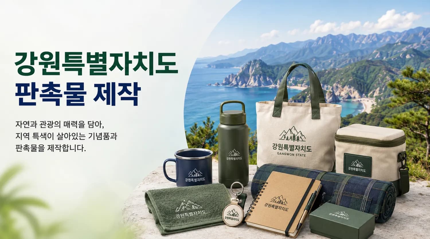 강원 자연 경관과 로고를 새긴 머그컵·담요 등 관광·행사 기념품 구성