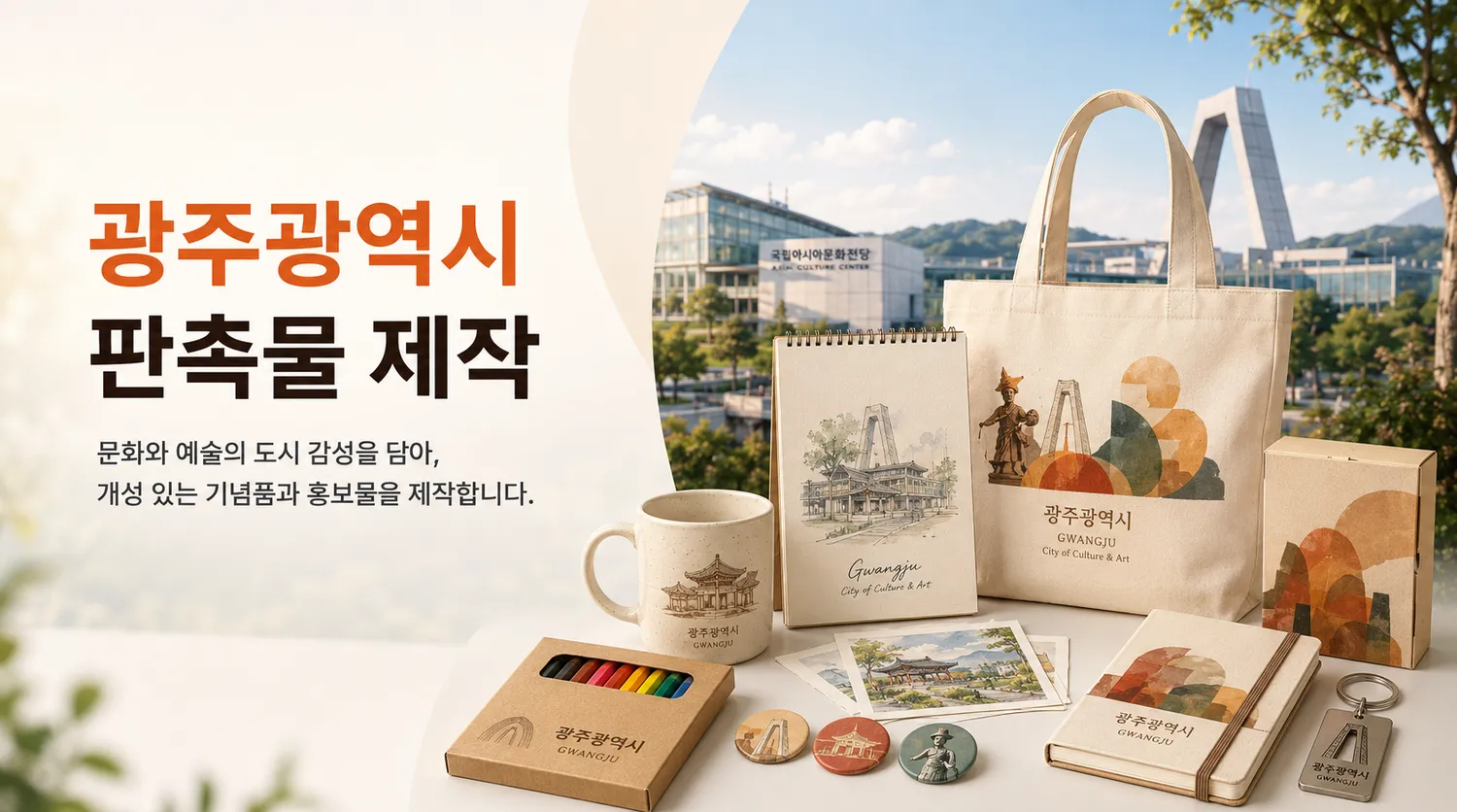 광주 도시 전경과 로고를 새긴 머그컵·문구 세트 등 기념품 구성