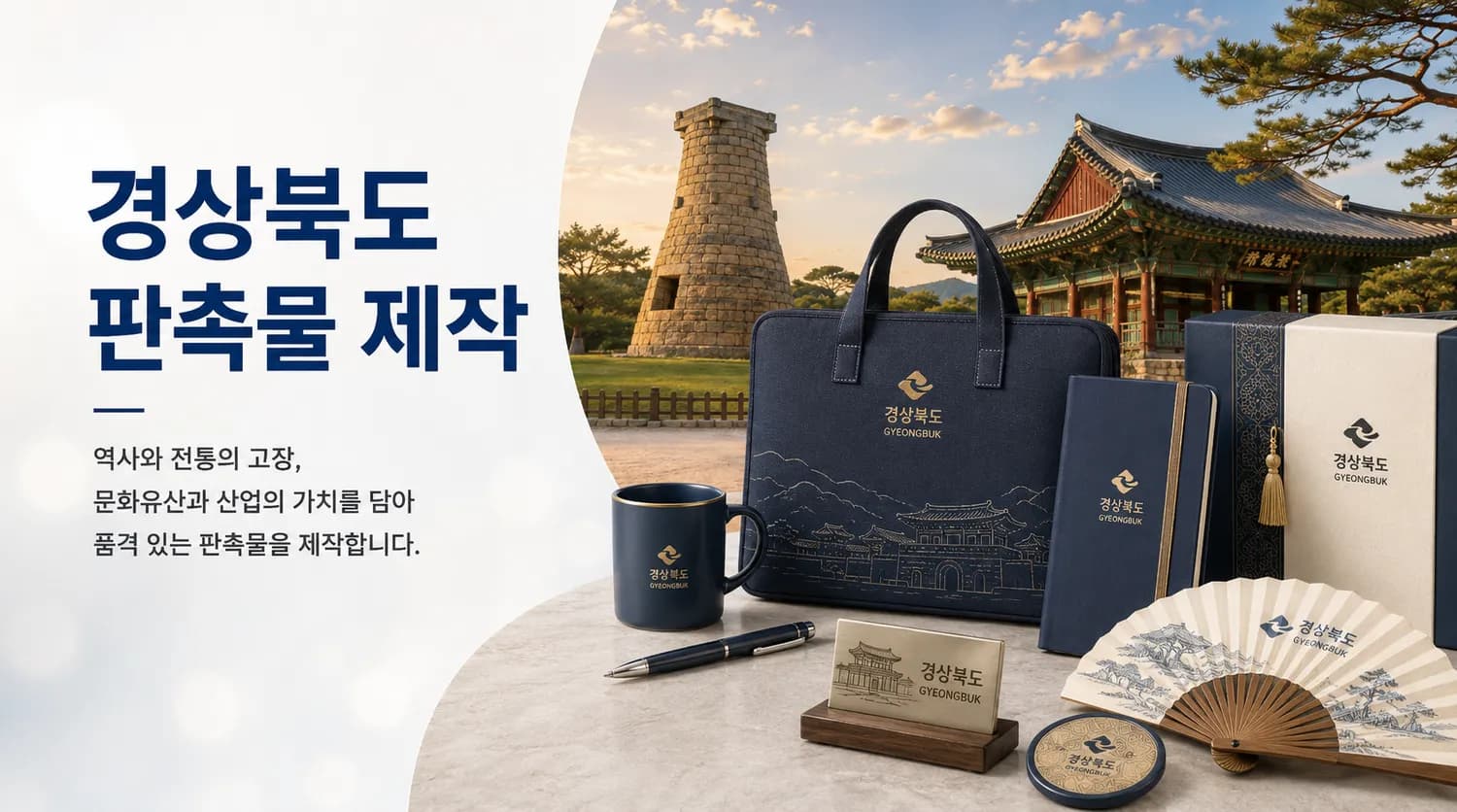 경북 역사 유적 배경과 로고를 새긴 텀블러 등 기관·기업 판촉물 구성