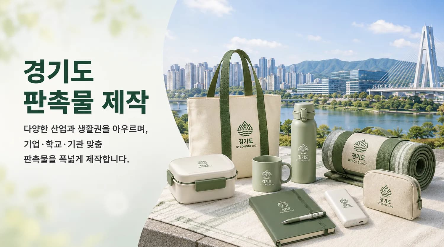 경기도 도시 전경과 로고를 새긴 텀블러·보틀 등 기업·학교 행사 판촉물