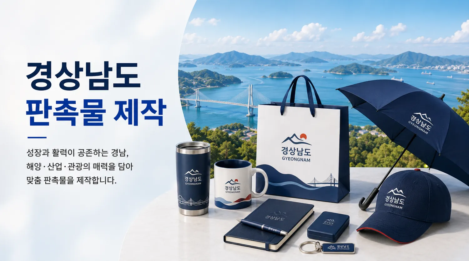 경남 해안 전경과 로고를 새긴 텀블러·보틀 등 산업 현장 맞춤 판촉물