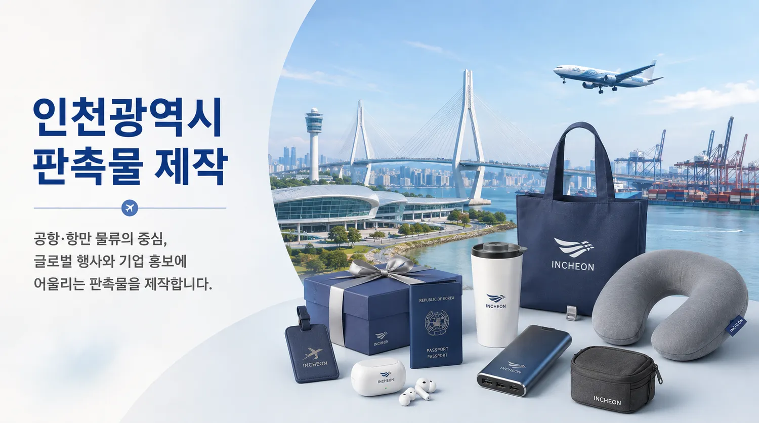 인천 공항·항만 전경과 로고를 새긴 보틀·필기구 등 기업 홍보용 판촉물