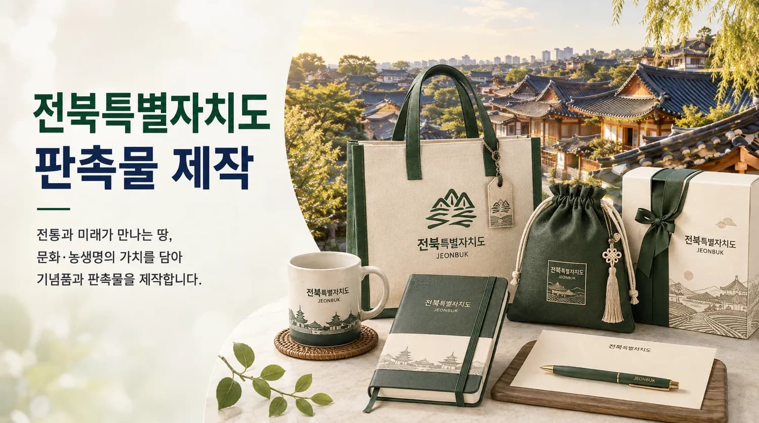 전북 전통 문화 배경과 로고를 새긴 머그컵 등 기념품·판촉물 구성