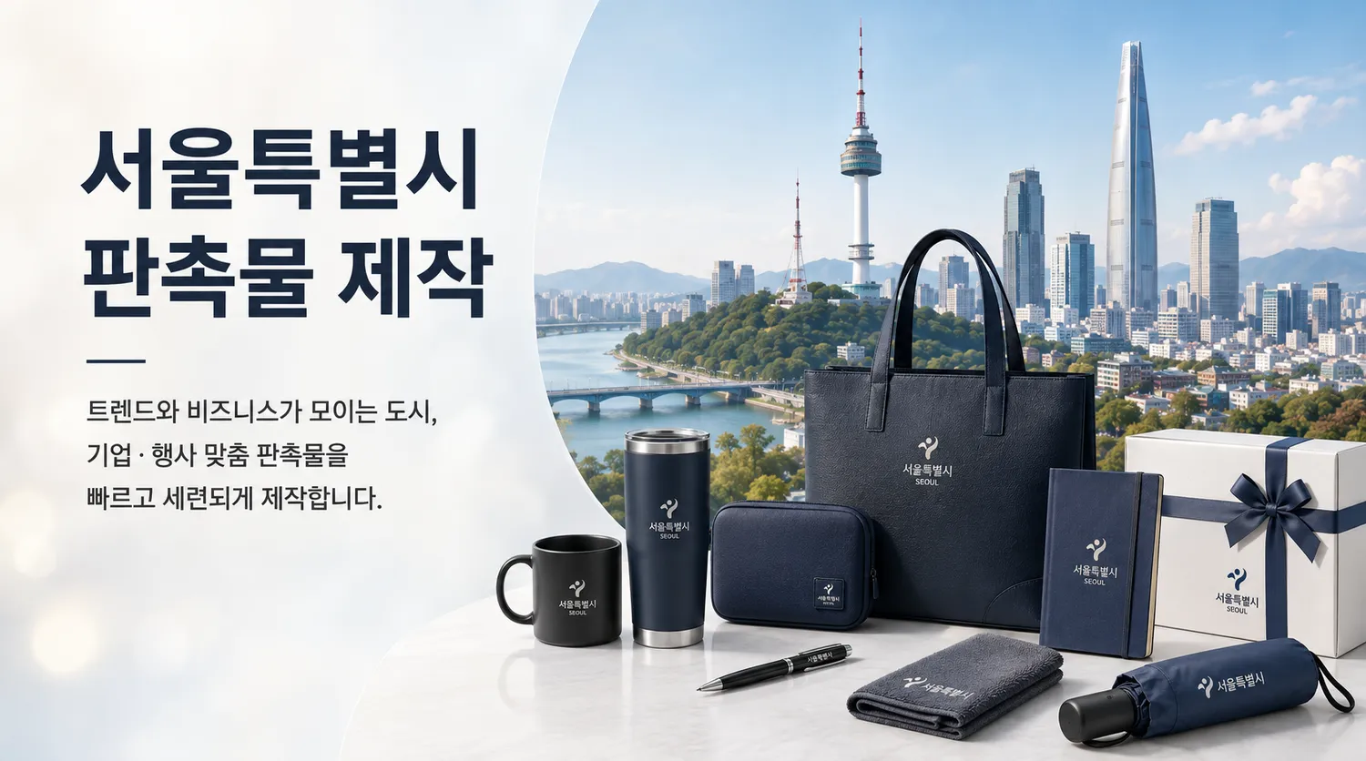 서울 도심 전경과 로고를 새긴 머그컵·텀블러 등 기업 판촉물 구성