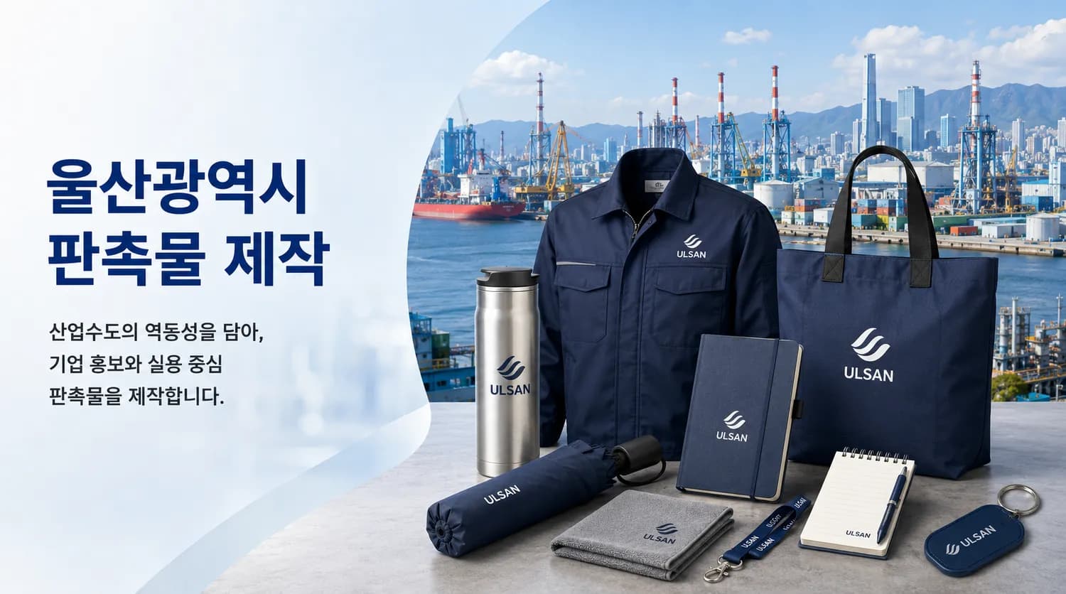울산 산업단지 전경과 로고를 새긴 스테인리스 보틀 등 임직원 지급 판촉물